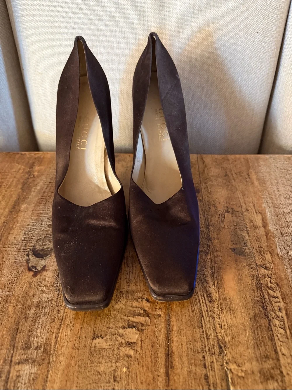 Gucci Dark Brown Suede Square-Toe Pumps